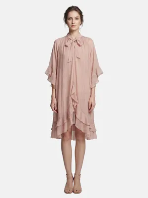 Produktbild von Longuette-Kleid Damen Lyocell Schleife Kragen Volantärmel Pink UNICA VS 117-Pink