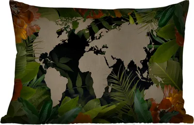 Produktbild von MuchoWow® Outdoor Kissen - Weltkarte - Pflanzen - Blätter - 60x40 cm - Wetterfest - Lounge Kissen - Zierkissen - Kissen für Innenräume