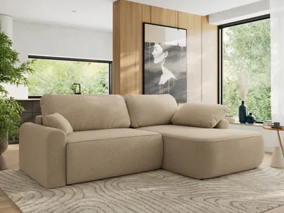 Produktbild von MKS MEBLE Ecksofa CUBO L-form, lose Kissen, Ecksofa 273x187x100 cm mit Schlaffunktion, Bettkasten - Hellbraun Boucle - Rechts Seite