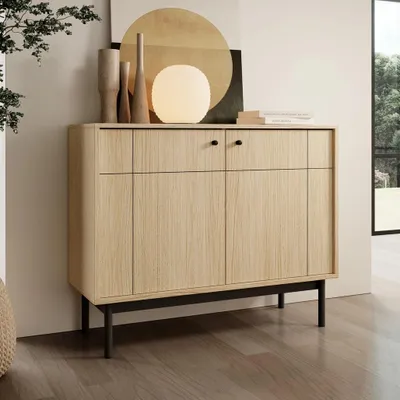 Produktbild von Kommode SORA K2D Gefräste Front Eiche Linea auf Schwarzen Holzfüßen Schrank Sideboard
