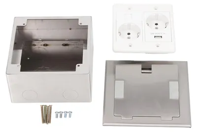 Produktbild von Bodeneinbausteckdose 2500 W 16 A, 2 Steckdosen, 1 USB-Computeranschluss, integrierte Stromversorgung