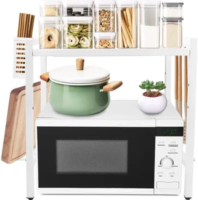 Immagine prodotto di Uniqoos® Scaffale da cucina estraibile a 2 livelli, regolabile da 40 a 60 cm, Acciaio al carbonio nero, con 6 ganci, capacità fino a 25 kg, adatto per microonde e altri elettrodomestici