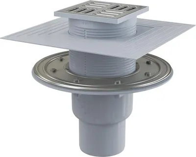 Obrázok produktu pre AlcaDrain Bodenablauf 105×105/50/75 mm mit einem senkrechten Abgang, Edelstahl Rost, Edelstahl-Dichtungflansch und Manschette-2. Abdichtung, Kombi-Geruchsverschluss SMART