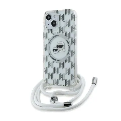 A transparent Karl Lagerfeld iPhone case with a crossbody strap is shown against a white background.