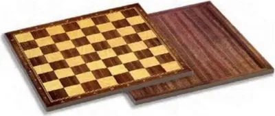 A wooden chessboard and its base are shown from a diagonal angle.