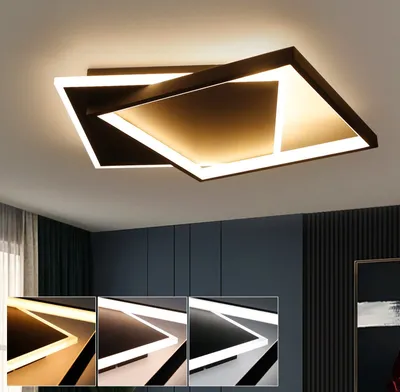 A modern LED ceiling light with a geometric design, shown in a room setting with a dark wall and curtains. Below the main image are three smaller images showcasing different lighting color temperatures.