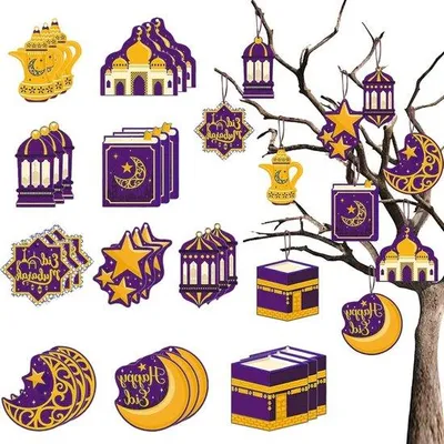 Productafbeelding van Famanu Decoratie Eid Mubarak - 30 stuks - Hangers met maan, ster en moskee