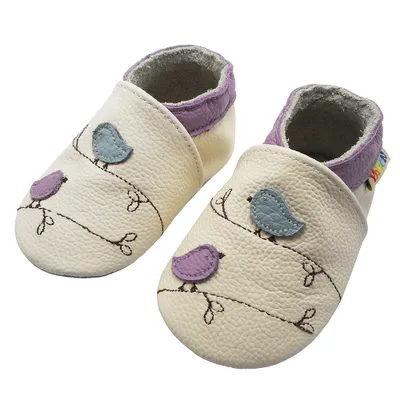 Produktbild von Weiche Yalion Baby Krabbelschuhe Lauflernschuhe Lederpuschen aus echtem Leder Vögelchen Weiss ( 18-24 M, EU 23-24)