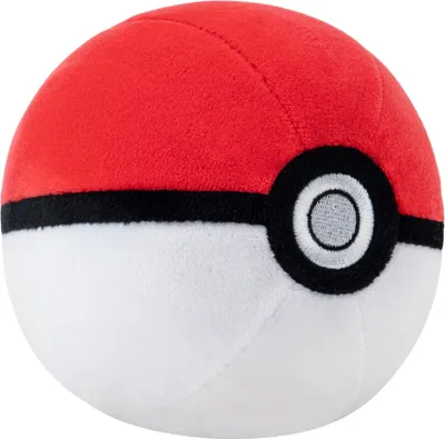 A plush toy Pokeball is shown against a white background.