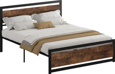 Image de HOMCOM Cadre de lit double en acier avec sommier et tête de lit compatible matelas 200 x 160 cm aspect bois foncé