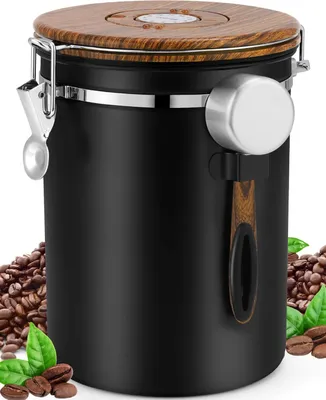 Produktbild von Kaffeebehälter, luftdicht, 1 kg, Bohnen, Edelstahlhalterung, mit Messlöffel, Holzmaserung Deckel (kein Holz), 2,8 l