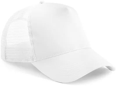 A white trucker cap shown from a diagonal angle against a white background.