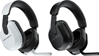 Two gaming headsets, one white and one black, are displayed side-by-side against a white background.
