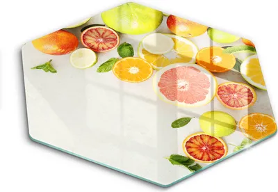 Produktbild von Glasschneideplatte - Herdabdeckplatte - Hexagon 40 cm -Schneidebrett - Spritzschutz - Obstzitrusfrüchte