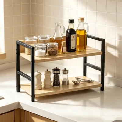 Produktbild von Gewürzregal Stehend mit 2 Ebenen,Küchenregal Arbeitsplatte, Aufbewahrung für Gewürze,für Küche,Wohnzimmer,Büro 43x18x30cm