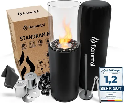 Produktbild von Flammtal Bioethanol Kamin [8h Brenndauer / 80x26x26 cm] - Freistehender Ethanol Standkamin für Out- & Indoor - Ethanol Kamin mit verstellbarer Flamme