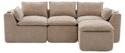 Imagen del producto de Sofá modular de 3 plazas con otomán y cojines de tela de chenilla color caqui