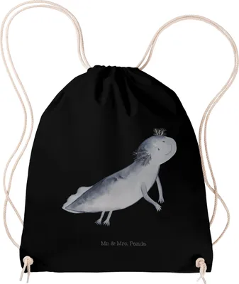 Produktbild von Mr. & Mrs. Panda Beutel Axolotl Schwimmen - Schwarz - Geschenk, wander rucksack, Jutebeutel, Turnbeutel, glücklich, gymnastiktasche, Optimistisch, Lösungen, Schwanzlurch