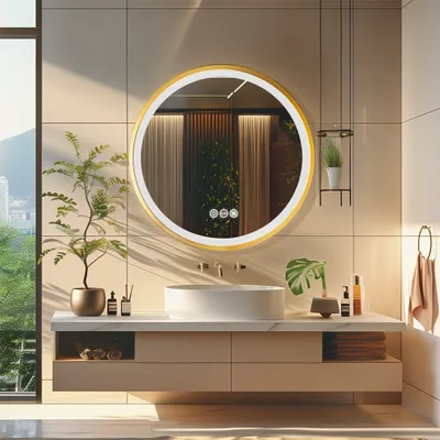 A modern bathroom vanity with a round LED mirror, sink, and decorative plants.