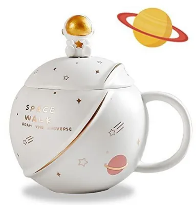 Image de Tasse en céramique avec couvercle et cuillère, motif astronaute, 400 ml, blanche