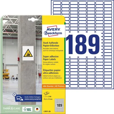 Immagine prodotto di Avery Zweckform L7871-20 Etichette in carta fortemente adesive, 25,4 x 10 mm, 20 fogli/3.780 etichette, bianco