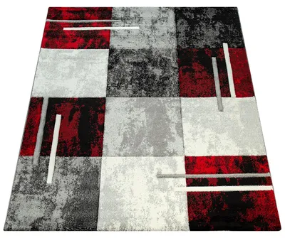 Produktbild von Designer Teppich Modern mit Konturenschnitt Karo Muster Grau Schwarz Rot Grösse 80x150 cm