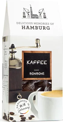 Produktbild von Edel Bonbons mit typischem Kaffee Geschmack in einer Giebelbox 80g