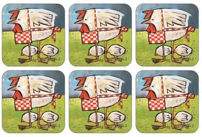 Untersetzer-Set, 6 Stück, 10 cm x 10 cm, Hühner-Motiv