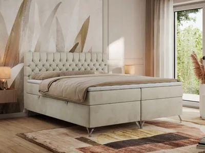 Produktbild von MKS MEBLE Boxspringbett 180x200, Bett 180x200 mit Matratze H3, Boxspringbett 180x200 mit Bettkasten und Topper, Polsterbett 180x200 Füße - GRIMALDI - 180x200 - Beige Velvet - H3