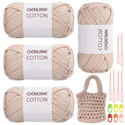 Immagine prodotto di Filato per uncinetto, 4 gomitoli da 50g, filato spesso in cotone/nylon, color beige, con accessori per l'uncinetto