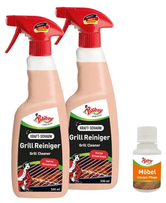 Produktbild von Poliboy Grill Reiniger mit Möbel Probe - 2x500 ml - aktiv Schaum für kurze Einwirkzeit - für Grillrost, -besteck und -schalen aus Edelstahl - 99A2601
