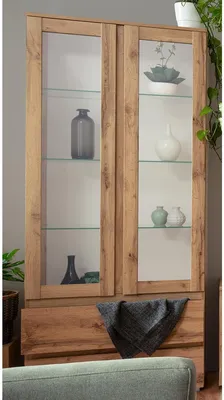 Produktbild von Vitrine Beistellschrank Holzvitrine Standvitrine Vitrinenschrank "Ravenna I" Honig-Eiche