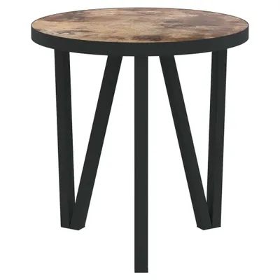 A round side table with a textured top and black metal legs, presented against a white background.