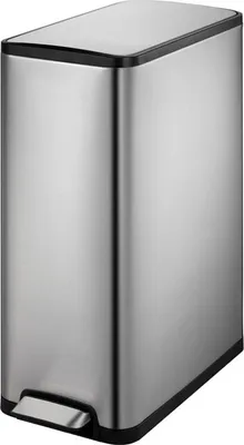 A stainless steel pedal bin with a black rim and lid.