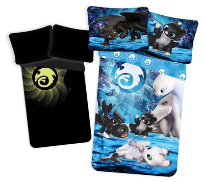 Obrázek produktu pro Sada povlečení se svítícím efektem How to Train Your Dragon 140x200 cm + 70x90 cm Black Blue White Yellow