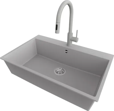 Produktbild von PRIMAGRAN Granitspüle Grau 78x50cm, Spülbecken 1 Becken + Küchenarmatur 40x20cm + Ablauf-Set, Küchenspüle ab 80er Unterschrank - Riga