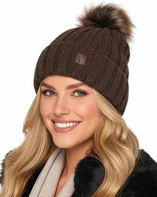 Imagen del producto de Baesics - Gorro de lana con pompón, color marrón, para mujer y hombre, ideal para el invierno, con forro de piel sintética para mayor calidez