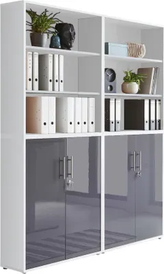 Produktbild von Aktenschrank TABOR 11 in weiß / anthrazit Hochglanz, Schrankwand, Büroschrank, abschließbar, Metallgriffe