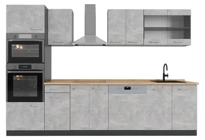 Produktbild von Küchenzeile Vicco R-Line Beton 300 cm mit Hochschrank, AP Eiche, Model 54004
