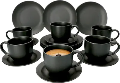 Produktbild von 18-tlg. Kaffee-Service Lampart Nero 6 Personen I Tasse + Untertasse + Teller