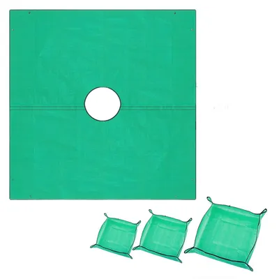 A large green tarp with a circular cutout in the center, and three smaller green tarps in the foreground.