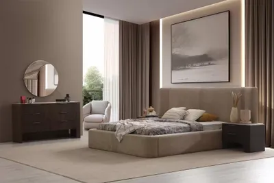 Produktbild von Beige-Braunes Schlafzimmer Set Textilbett Schminktisch Nachttische