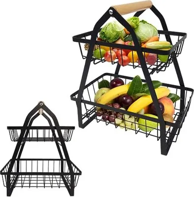 Image de JOIEYOU Corbeille à fruits Corbeille à fruits à 2 étages Noir amovible Corbeille à fruits Étagère à légumes Corbeille à pain Cuisine Rangement pour fruits, légumes, snacks, pain - 27x17x30cm