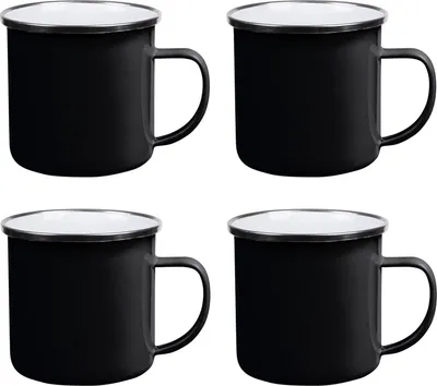 Produktbild von 4x Emaille Becher 350 ml Edelstahlbecher silberner Edelstahlkranz Edelstahl schwarz