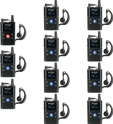 A grid of 10 black walkie-talkies with attached earpieces, arranged in rows and columns on a white background.
