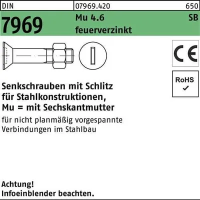 Produktbild von Reyher  Senkschr. mit Schlitz DIN 7969 Mu 4.6 U/CE M12x40tZn (100 Stück)