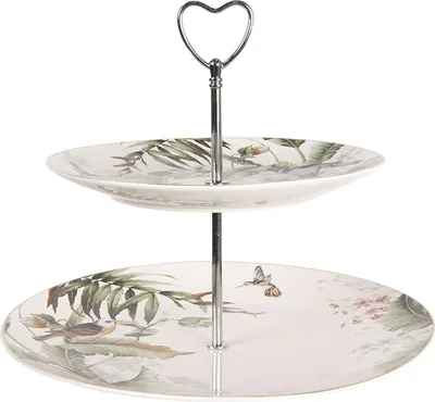 Obrázok produktu pre Clayre & Eef 2-vrstvový podnos Ø 26x24 cm Bielozelený porcelán Vtáky