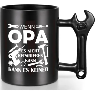 Productafbeelding van Koffiemok met sleutelgreep, "Als opa het niet kan repareren", 350 ml, zwart