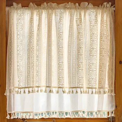Zdjęcie produktu dla 76*61cm Boho zasłony kuchenne zasłony z frędzlami krótkie, Vintage zasłony kuchenne zasłony kuchenne zasłony okienne, kolor: kremowy