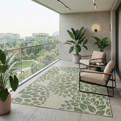 Produktbild von In- und Outdoor Flachgewebe Terrassen & Balkon Garten Küche, Teppich Blumen Design Grün Waschbar